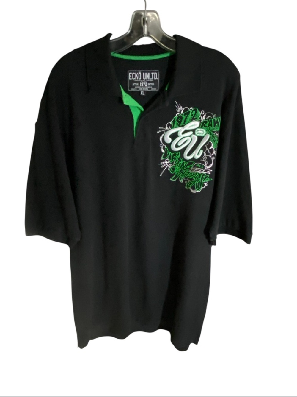 ECKŌ UNLTD. Y2K Graphic Polo Shirt Men’s XL Black Green accent Streetwear